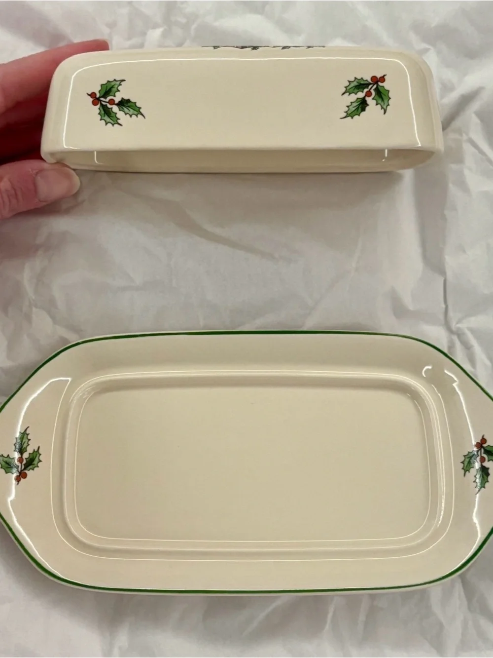 Spode Christmas Tree Butter Dish with Green Trim and Christmas Tree